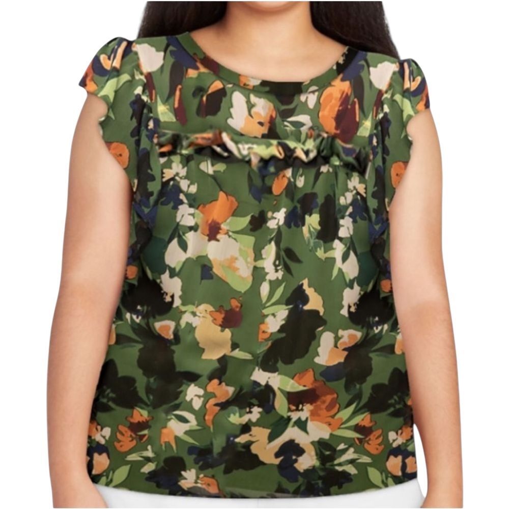 NWT Eloquii Elements Floral Ruffle Cap Sleeve Blouse Green Orange Summer Size 16